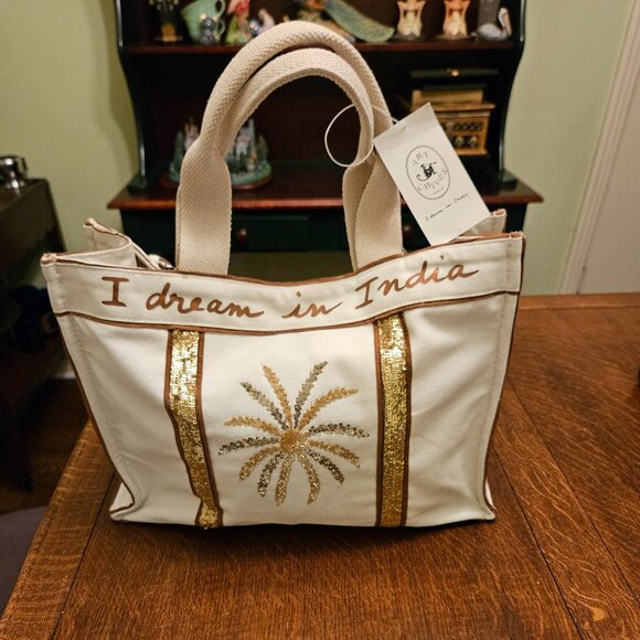 Art Chives "I Dream in India" Tote. Gold Sequined Palm Trees NWT **READ** - Picture 2 of 11